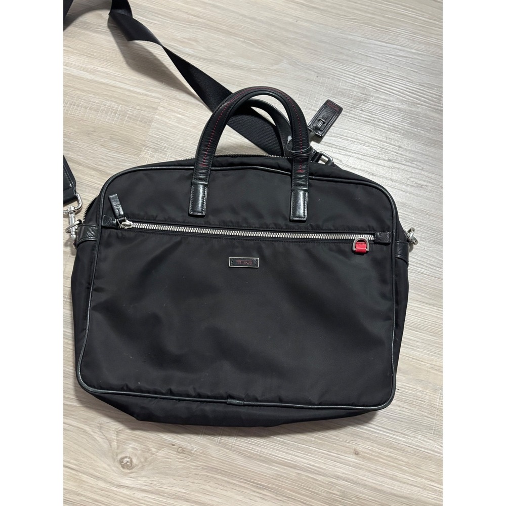 Tumi Black Ballistic Nylon Leather Trim Briefcase Messenger Bag Red Stitching